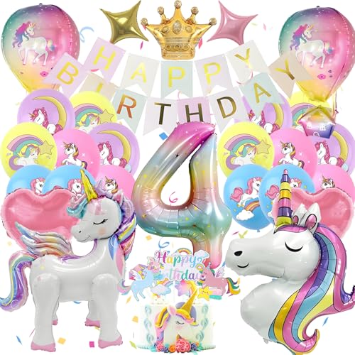 Einhor Deko Kindergeburtstag 4, Einhor Party Deko 4D Luftballons, Set Einhor Geburtstagsdeko 4 Jahre Mädchen, Bunt Banner und Tortendeko, Einhor Geschenke für Mädchen (Einhor Geburtstag 4 Jahre) von HapplioPlay