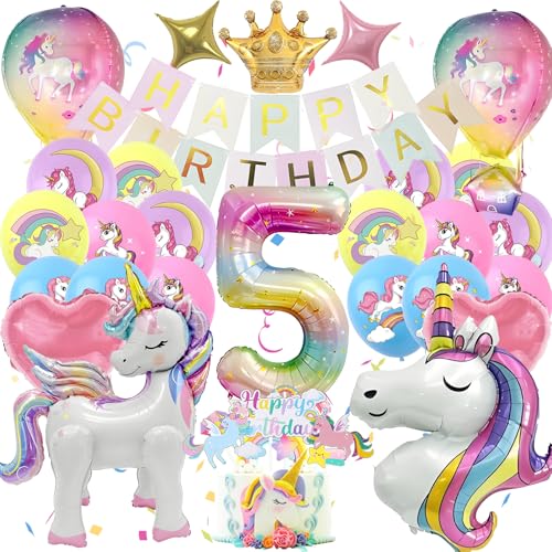 Einhor Deko Kindergeburtstag 5, Einhor Party Deko 4D Luftballons, Set Einhor Geburtstagsdeko 5 Jahre Mädchen, Bunt Banner und Tortendeko, Einhor Geschenke für Mädchen (Einhor Geburtstag 5 Jahre) von HapplioPlay