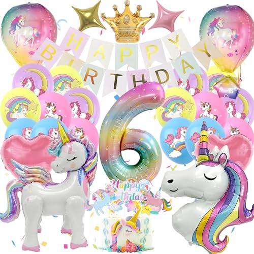 Einhor Deko Kindergeburtstag 6, Einhor Party Deko 4D Luftballons, Set Einhor Geburtstagsdeko 6 Jahre Mädchen, Bunt Banner und Tortendeko, Einhor Geschenke für Mädchen (Einhor Geburtstag 6 Jahre) von HapplioPlay