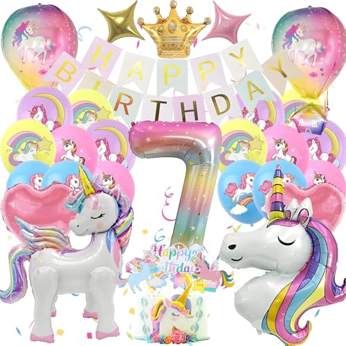Einhor Deko Kindergeburtstag 7, Einhor Party Deko 4D Luftballons, Set Einhor Geburtstagsdeko 7 Jahre Mädchen, Bunt Banner und Tortendeko, Einhor Geschenke für Mädchen (Einhor Geburtstag 7 Jahre) von HapplioPlay