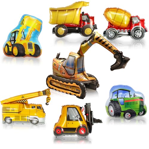 Set Luftballons Geburtstag Bagger Junge, 4D Bagger Folienballon und 6 XXL Luftballons Gabelstapler Traktor Bulldozer Kran Zementwagen, Thema Bagger Deko Kindergeburtstag (Baustelle Geburtstag Ballon) von HapplioPlay