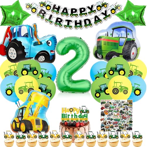Bauernhof Traktor Deko Geburtstag 2 Jahre, Deko 2. Geburtstag Junge Bagger Bulldozer Luftballon, Bauernhof Kindergeburtstag Banner Folienballon Tortendeko und Aufkleber (Farm Traktor Deko 2 Jahre) von HapplioPlay