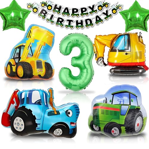 Luftballons 3. Geburtstag Traktor, 3. Geburtstag Junge Bagger Bulldozer XXL Folienballon, Bauernhof Kindergeburtstag Deko 3 Jahre, Farm Banner und Ballon Thema Party Dekoration (Traktor Deko 3 Jahre) von HapplioPlay