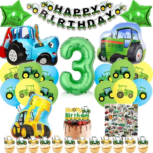 Bauernhof Traktor Deko Geburtstag 3 Jahre, Deko 3. Geburtstag Junge Bagger Bulldozer Luftballon, Bauernhof Kindergeburtstag Banner Folienballon Tortendeko und Aufkleber (Farm Traktor Deko 3 Jahre) von HapplioPlay