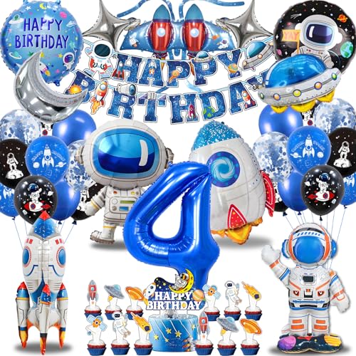 Weltraum Kindergeburtstag 4 Jahre, Neu Astronauten Raketen Folienballon Geburtstag Deko, Weltall Geschenke Kinder, Astronaut Geburtstag Luftballons Kit Jungen Mädchen (Weltraum Deko 4 Jahre) von HapplioPlay