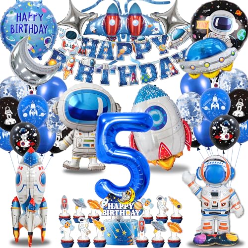 Weltraum Kindergeburtstag 5 Jahre, Neu Astronauten Raketen Folienballon Geburtstag Deko, Weltall Geschenke Kinder, Astronaut Geburtstag Luftballons Kit Jungen Mädchen (Weltraum Deko 5 Jahre) von HapplioPlay
