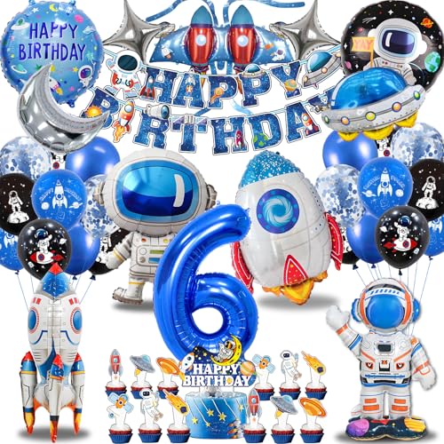 Weltraum Kindergeburtstag 6 Jahre, Neu Astronauten Raketen Folienballon Geburtstag Deko, Weltall Geschenke Kinder, Astronaut Geburtstag Luftballons Kit Jungen Mädchen (Weltraum Deko 6 Jahre) von HapplioPlay
