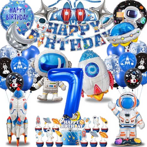 Weltraum Kindergeburtstag 7 Jahre, Neu Astronauten Raketen Folienballon Geburtstag Deko, Weltall Geschenke Kinder, Astronaut Geburtstag Luftballons Kit Jungen Mädchen (Weltraum Deko 7 Jahre) von HapplioPlay