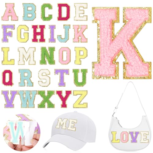 Chenille-Buchstaben-Aufnäher, selbstklebend, Alphabet-Aufkleber-Set für DIY-Kleidung, bunte Filz-Anfangsbuchstaben, Aufnäher mit goldenem Glitzerrand, Nähen, Varsity-Buchstaben, Aufkleber für von Happtkey