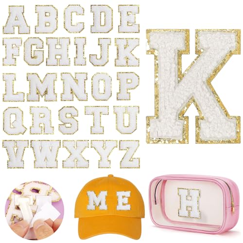 Chenille-Buchstaben-Aufnäher, selbstklebend, Alphabet-Aufkleber-Set für DIY-Kleidung, weißer Filz, Anfangsbuchstaben, Aufnäher mit goldenem Glitzerrand, Nähen, Varsity-Buchstaben, Aufkleber für von Happtkey