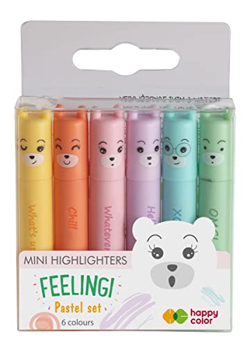 Highlighters Mini Pastell FEELINGI, Cute Face Spitze Marker Paset Pen 6 Farbe, Happy Color von Happy Color