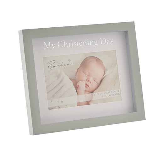Happy Homewares Bambino Bilderrahmen zur Taufe, aus Holz, in Geschenkbox mit Deckel, 15,2 x 10,2 cm, Grau von Happy Homewares