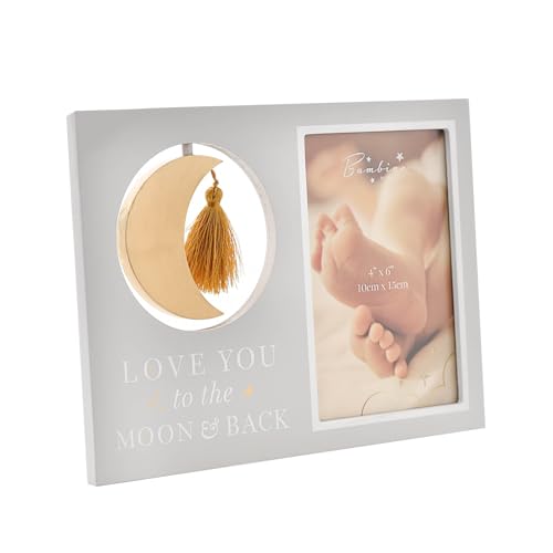 Happy Homewares Dekorativer Bambino-Bilderrahmen aus Holz und Metall, Motiv: "Love You To The Moon & Back", 10,2 x 15,2 cm, perfekt für Fotos eines Neugeborenen von Happy Homewares