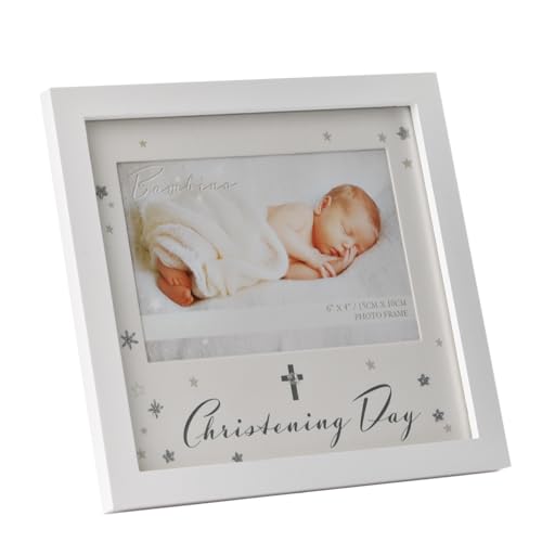 Happy Homewares Schöner Bambino Bilderrahmen aus Holz mit Kreuz- und Stern-Dekorationen, Taufe, 15,2 x 10,2 cm, perfekt für Neugeborene von Happy Homewares