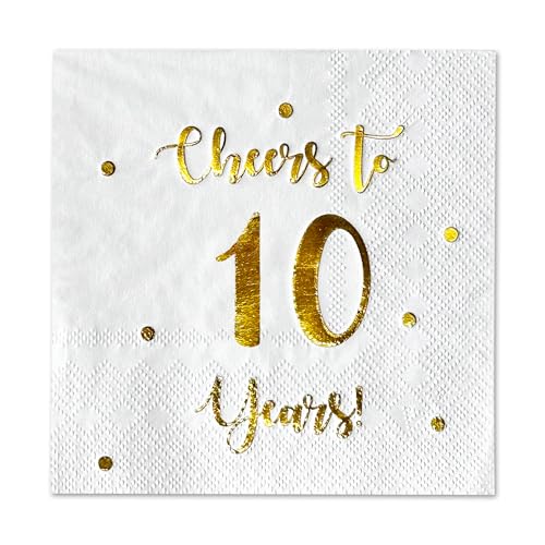 Cocktail-Servietten mit Aufschrift "Cheers to 10 Years", "Happy 10th Birthday", Dekoration für Männer und Frauen und Hochzeitstag, Party-Dekorationen, 50 Stück, 3-lagige Servietten, 12,7 x 12,7 cm, Cocktail-Servietten mit Aufschrift "Cheers to 10 Years", "Happy 10th Birthday", Dekoration für Männer und Frauen und Hochzeitstag, Party-Dekorationen, 50 Stück, 3-lagige Servietten, 12,7 x 12,7 cm, von Happy Palace