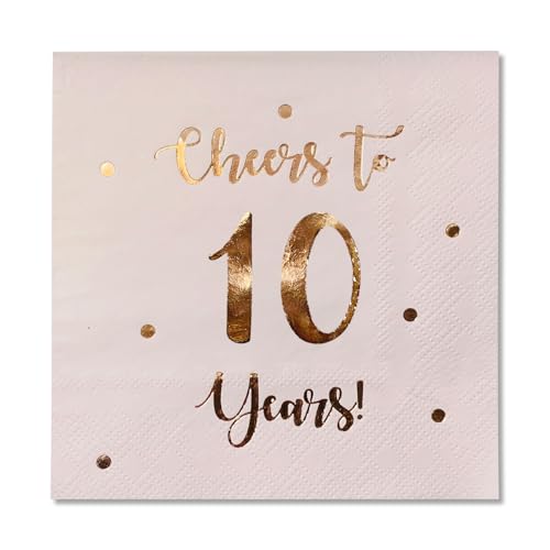 Cocktail-Servietten mit Aufschrift "Cheers to 10 Years", "Happy 10th Birthday", Dekoration für Männer und Frauen und Hochzeitstag, Party-Dekorationen, 50 Stück, 3-lagige Servietten, 12,7 x 12,7 cm, Cocktail-Servietten mit Aufschrift "Cheers to 10 Years", "Happy 10th Birthday", Dekoration für Männer und Frauen und Hochzeitstag, Party-Dekorationen, 50 Stück, 3-lagige Servietten, 12,7 x 12,7 cm, von Happy Palace