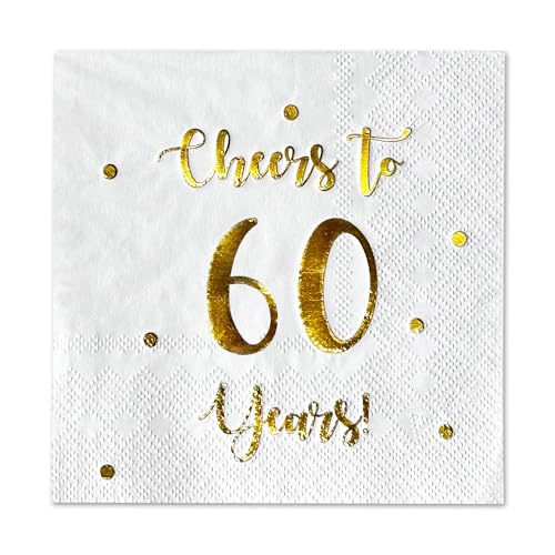 Cocktail-Servietten mit Aufschrift "Cheers to 60 Years" | Happy 60th Birthday Dekorationen für Männer und Frauen und Hochzeitstag Party Dekorationen | 50er-Pack 3-lagige Servietten | 12,7 x 12,7 cm Cocktail-Servietten mit Aufschrift "Cheers to 60 Years" | Happy 60th Birthday Dekorationen für Männer und Frauen und Hochzeitstag Party Dekorationen | 50er-Pack 3-lagige Servietten | 12,7 x 12,7 cm von Happy Palace