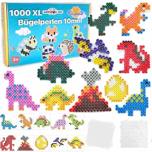 Happy Price Toys 1000 Maxi XL 10mm Bügelperlen mit Steckplatte und 10 Dino Muster und 3 Bügelpapier. Kreatives Perlenset zum Basteln für Kinder ab 3 Jahren von Happy Price Toys