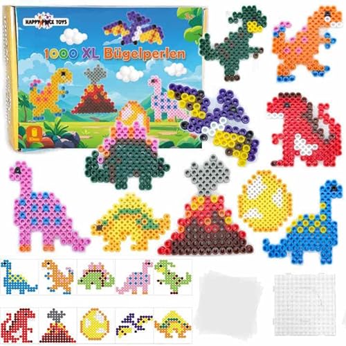 1000 Maxi XL 10mm Bügelperlen mit Steckplatte und 10 Dino Muster und 3 Bügelpapier. Kreatives Perlenset zum Basteln für Kinder ab 3 Jahren von Happy Price Toys