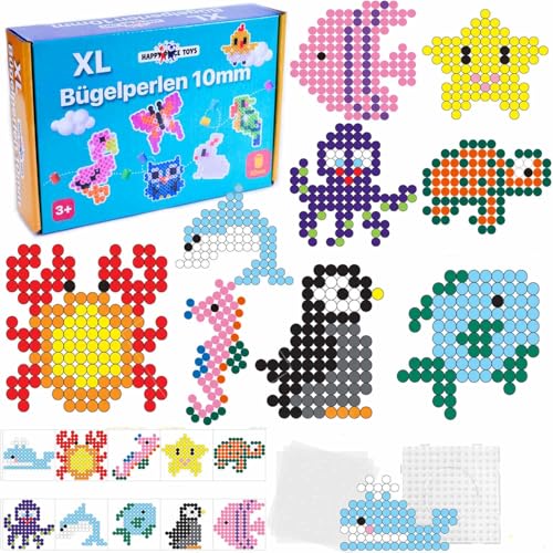1000 Maxi XL 10mm Bügelperlen mit Steckplatte und 10 Seetieren Muster und 3 Bügelpapier. Kreatives Perlenset zum Basteln für Kinder ab 3 Jahren (Set Wasserwelt) von Happy Price Toys
