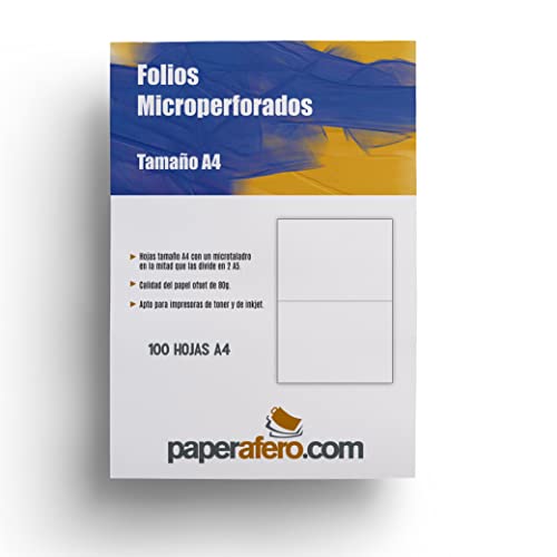 Paperafero A4 perforierte Folien, 100 Blatt, A4, 80 g, mit einer Mikrobohrung in der Hälfte, die sie in 2 A5 teilt, geeignet für Toner- und Inkjetdrucker, A4-Papier und Schreibwaren (100) von HappyMots