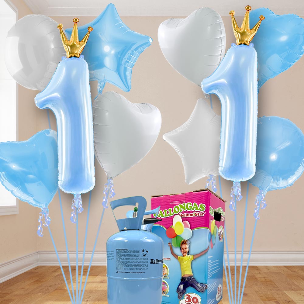 1. Geburtstag Heliumballon Set blau-weiß mit 10 Folienballons inkl. Heliumgas von Happygoods GmbH