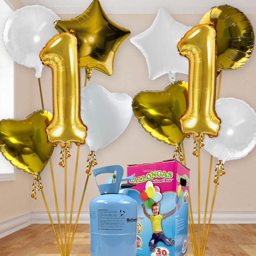 1. Geburtstag Heliumballon Set gold-weiß mit 10 Folienballons inkl. Heliumgas von Happygoods GmbH