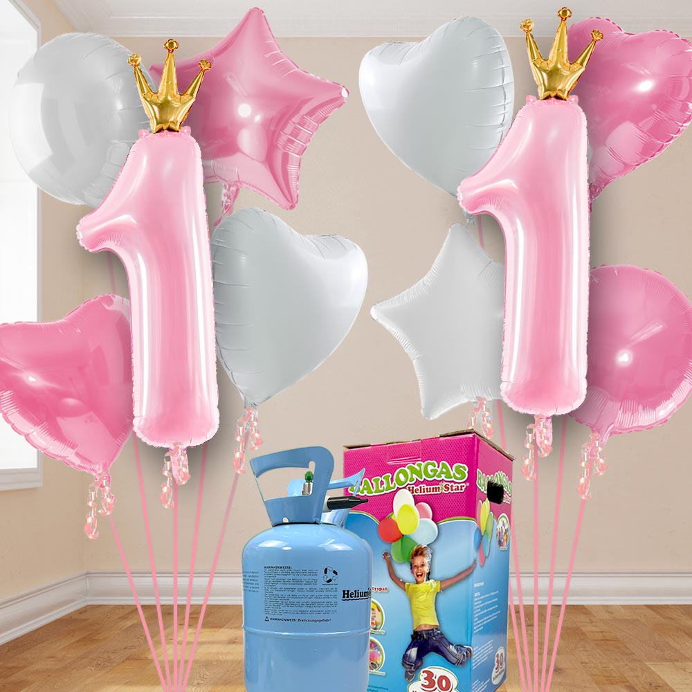 1. Geburtstag Heliumballon Set rosa-weiß mit 10 Folienballons inkl. Heliumgas von Happygoods GmbH