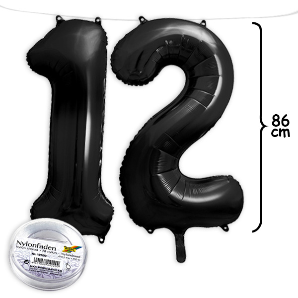 12. Geburtstag, XXL Zahlenballon Set 1 & 2 in schwarz, 86cm hoch von Happygoods GmbH
