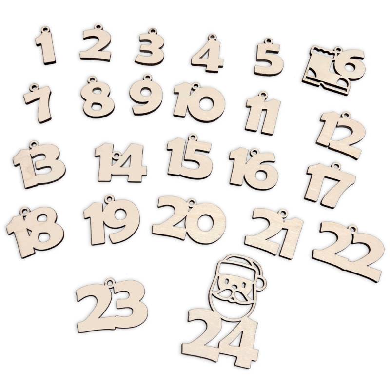 24 Holzzahlen mit Öse für Adventskalender, Zahl 6 mit Stiefel & 24 mit Weihnachtsmann, 4cm hoch
