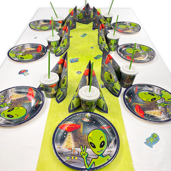 Alien Tischdeko Set bis 16 Kinder, Weltraum Party, 94-teilig von Happygoods GmbH