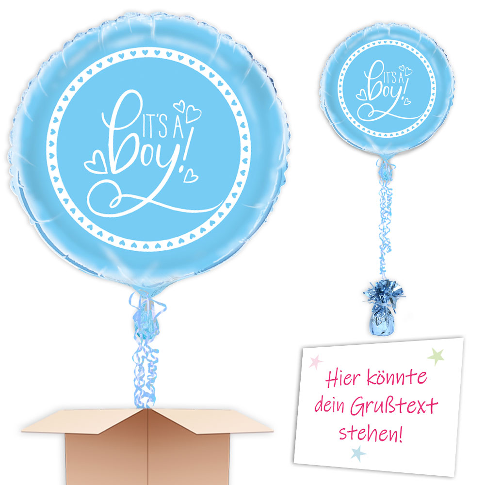 Ballongruß "It's a Boy" in blau mit Herzchen, rund, Ø 35cm Ballongruß "It's a Boy" in blau mit Herzchen, rund, Ø 35cm von Happygoods GmbH