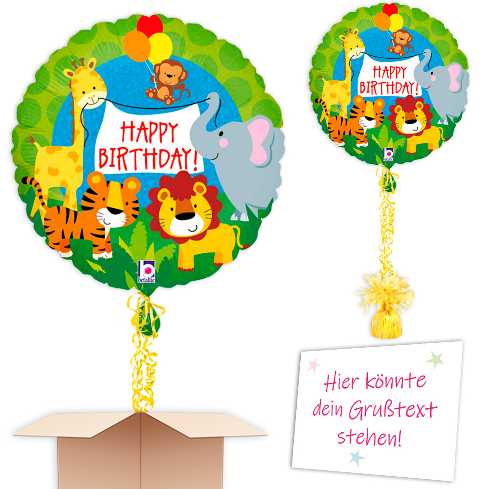 Schwebender Dschungeltiere Heliumballonzum Kindergeburtstag versenden von Happygoods GmbH