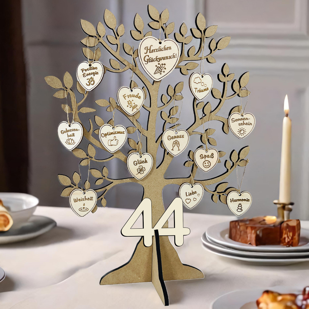 Geburtstagsbaum aus Holz zum 44. Geburtstag mit 16 Geburtstagswunsch-Herzchen + Holzkarte Geburtstagsbaum aus Holz zum 44. Geburtstag mit 16 Geburtstagswunsch-Herzchen + Holzkarte von Happygoods GmbH