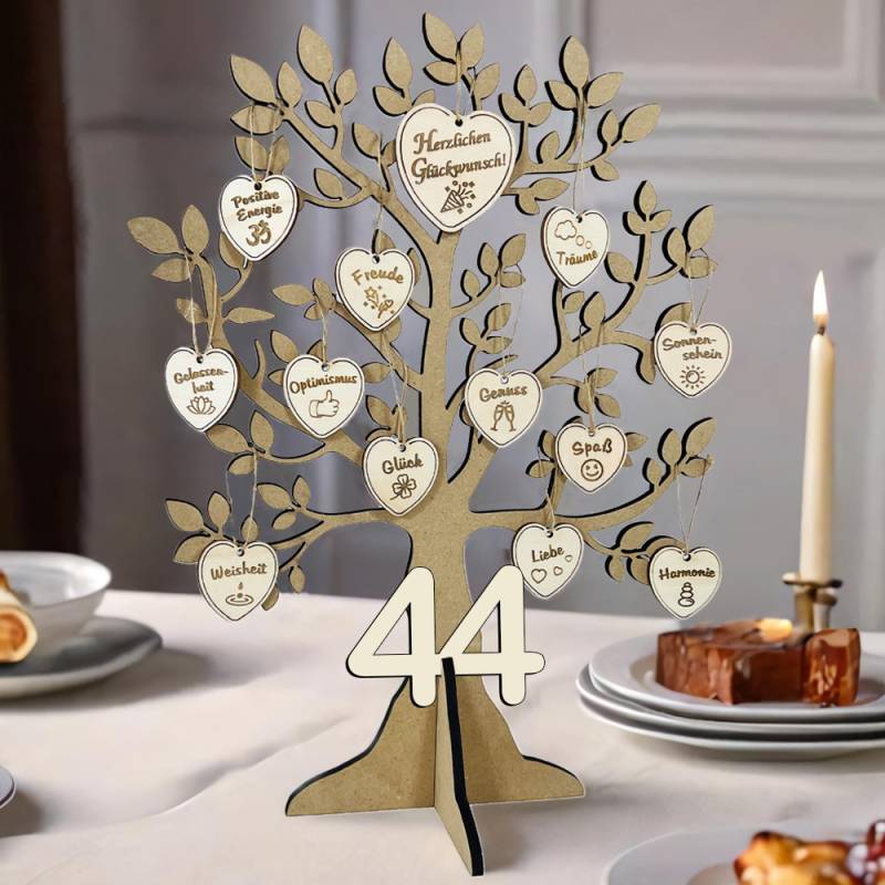 Geburtstagsbaum aus Holz zum 44. Geburtstag mit 16 Geburtstagswunsch-Herzchen + Holzkarte von Happygoods GmbH