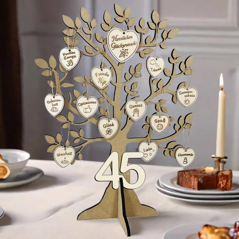 Geburtstagsbaum aus Holz zum 45. Geburtstag mit 16 Geburtstagswunsch-Herzchen + Holzkarte von Happygoods GmbH