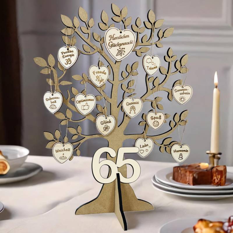 Geburtstagsbaum aus Holz zum 65. Geburtstag mit 16 Geburtstagswunsch-Herzchen + Holzkarte von Happygoods GmbH