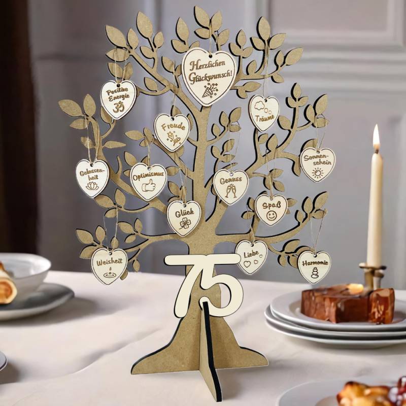 Geburtstagsbaum aus Holz zum 75. Geburtstag mit 16 Geburtstagswunsch-Herzchen + Holzkarte von Happygoods GmbH