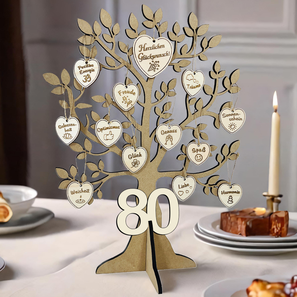 Geburtstagsbaum aus Holz zum 80. Geburtstag mit 16 Geburtstagswunsch-Herzchen + Holzkarte Geburtstagsbaum aus Holz zum 80. Geburtstag mit 16 Geburtstagswunsch-Herzchen + Holzkarte von Happygoods GmbH