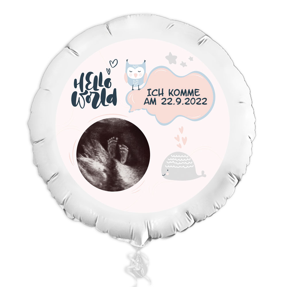 Geschenkballon Hello World mit Foto und Text, zur Ankündigung der Schwangerschaft von Happygoods GmbH