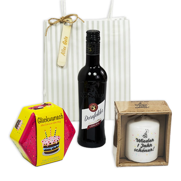 Geschenkset "Wieder 1 Jahr schöner": Wein, Kerze, Anhänger & Pralinen von Happygoods GmbH