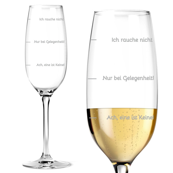 Graviertes Gute Laune-Sektglas "Raucher "als Geschenk mit Füllstandsanzeige in 3 Ebenen von Happygoods GmbH