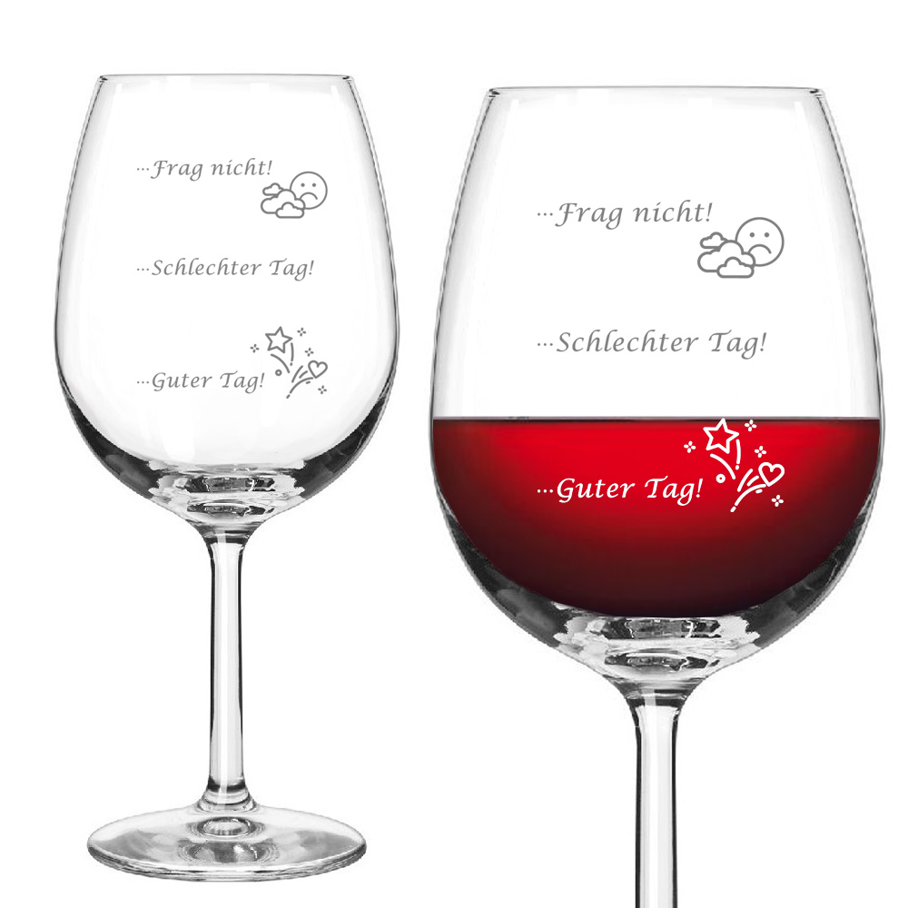 Graviertes Weinglas, "Guter Tag-Schlechter Tag" mit Füllstandsanzeige von Happygoods GmbH