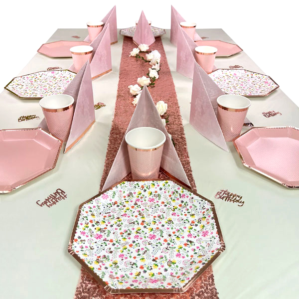 Happy Birthday Tischdeko Set Mädchen bis 16 Gäste - Blumen Rosé von Happygoods GmbH