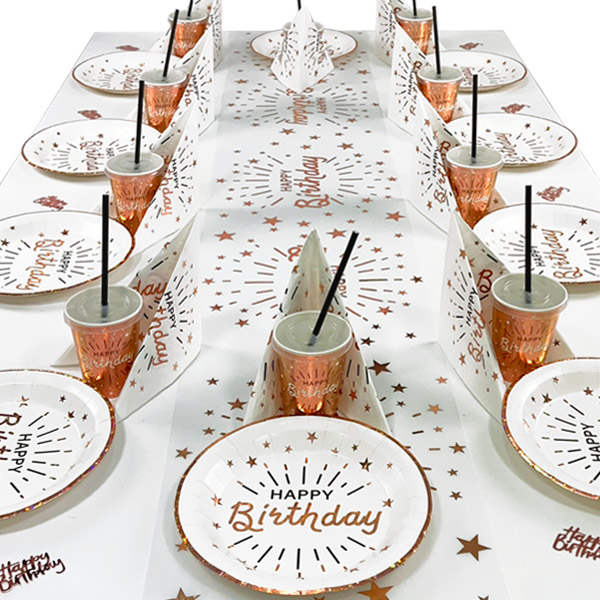 Happy Birthday Tischdeko Set in rosègold-weiß, bis 20 Gäste, 108-teilig von Happygoods GmbH