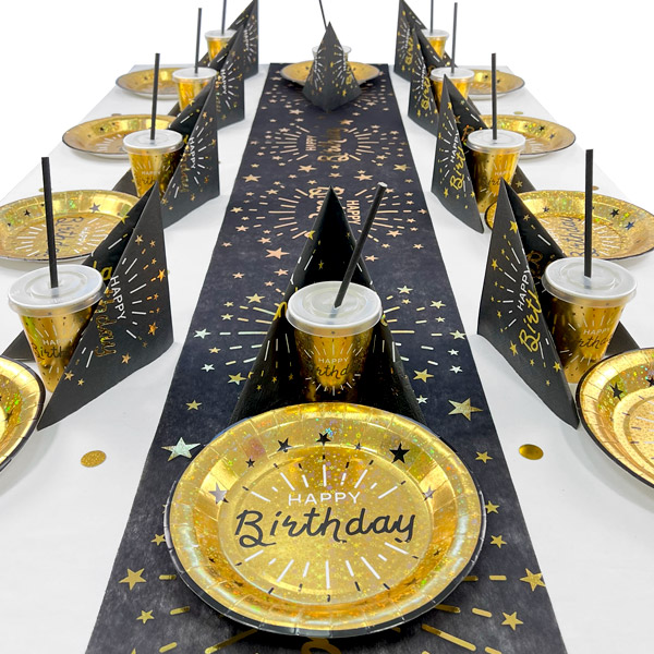 Happy Birthday Tischdeko Set in schwarz-gold, bis 20 Gäste, 106-teilig von Happygoods GmbH