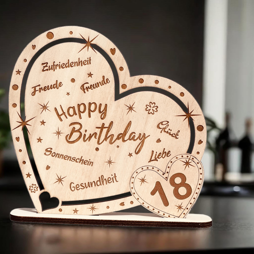 Kunstvoll graviertes Holz-Herz "Happy Birthday" mit Zahl 18, Geschenk & Deko zum Geburtstag von Happygoods GmbH