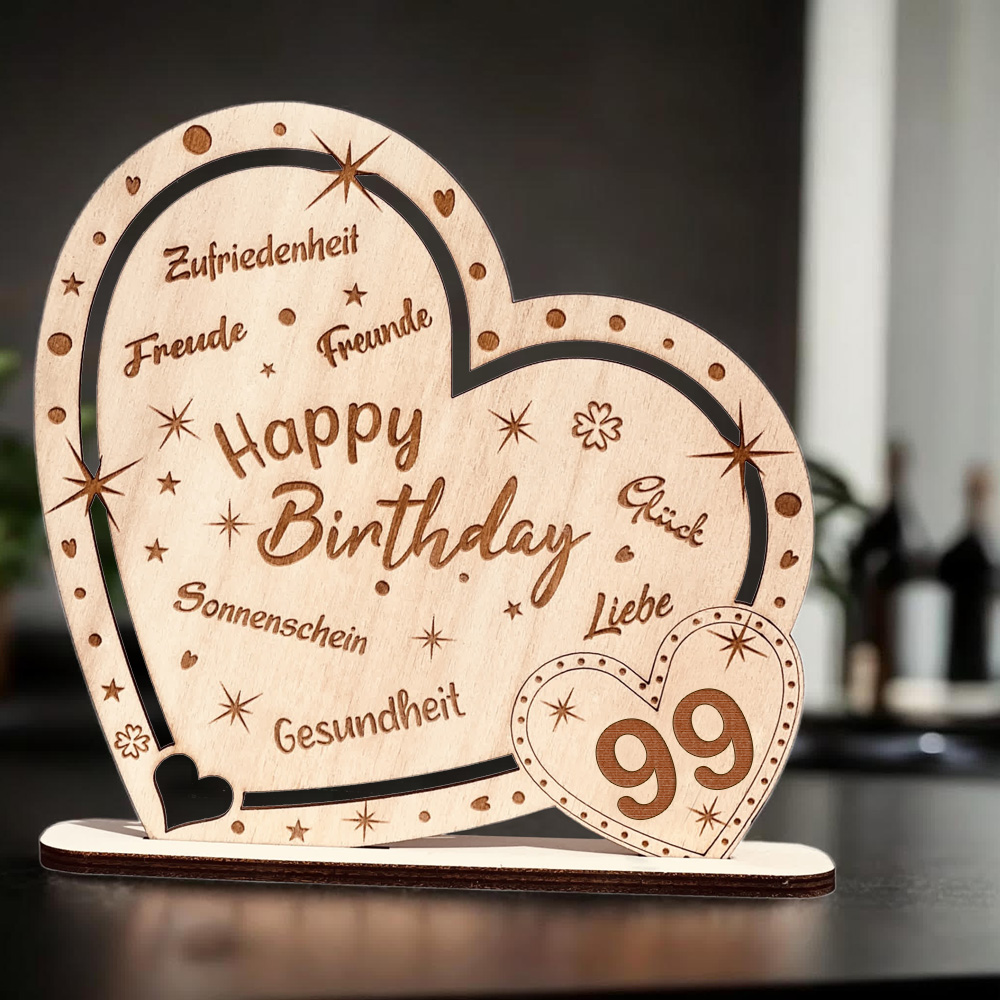 Kunstvoll graviertes Holz-Herz "Happy Birthday" mit Zahl 99, Geschenk & Deko zum Geburtstag von Happygoods GmbH