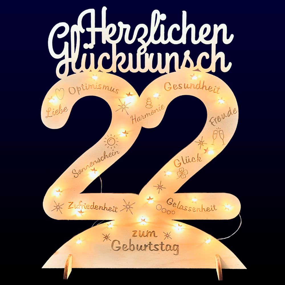Leuchtender Aufsteller aus Holz zum 22. Geburtstag, mit 20 LEDs und gravierten Glückwünschen Leuchtender Aufsteller aus Holz zum 22. Geburtstag, mit 20 LEDs und gravierten Glückwünschen von Happygoods GmbH