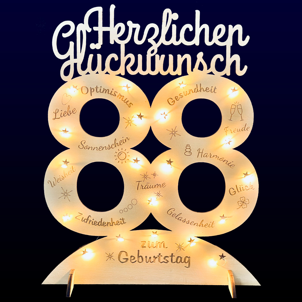 Leuchtender Aufsteller aus Holz zum 88. Geburtstag, mit 20 LEDs und gravierten Glückwünschen Leuchtender Aufsteller aus Holz zum 88. Geburtstag, mit 20 LEDs und gravierten Glückwünschen von Happygoods GmbH